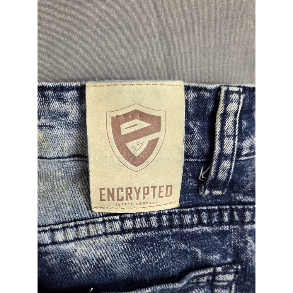 Encrypted Supply Co Mens Acid Wash Biker Jeans Distressed Moto Denim Blue 34x30 - Picture 3 of 8